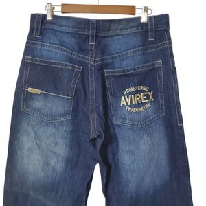 Avirex Wide Leg Jeans 34x30 Baggy Y2K Embroidered Denim Blue Mens